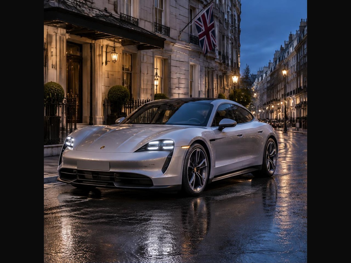 Silver Porsche Taycan in Mayfair